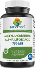 Brieofood Acetyl L-Carnitine Alpha Lipoic Acid 750 mg bottle and 120 capsules