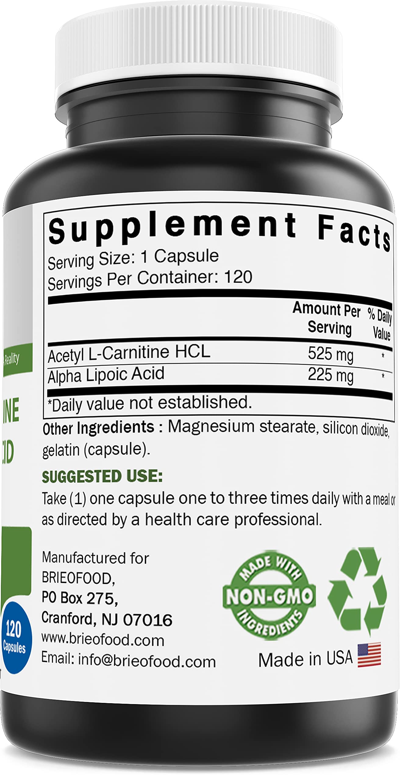 Supplement facts panel for Brieofood Acetyl L-Carnitine Alpha Lipoic Acid