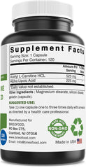 Supplement facts panel for Brieofood Acetyl L-Carnitine Alpha Lipoic Acid