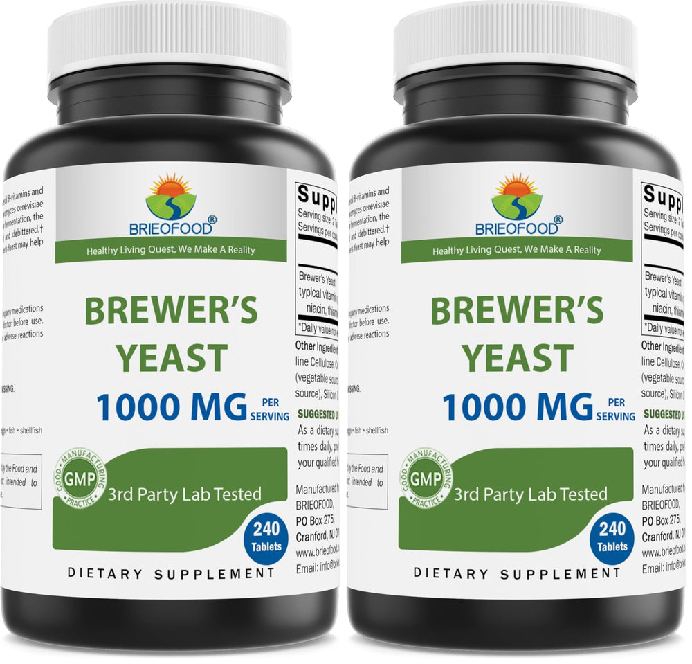 Brieofood Brewers Yeast bottle showing 1000 mg per serving, 240 tablets, pack of 2