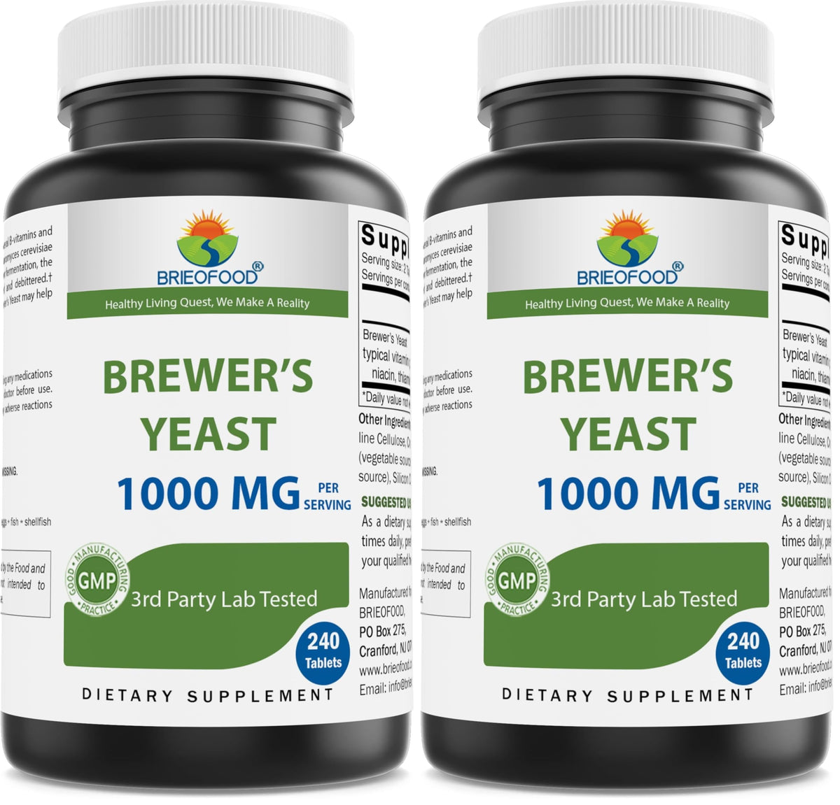 Brieofood Brewers Yeast bottle showing 1000 mg per serving, 240 tablets, pack of 2