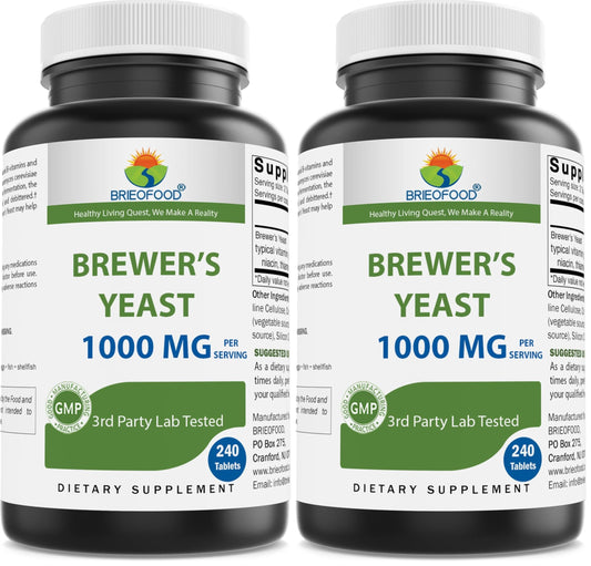 Brieofood Brewers Yeast bottle showing 1000 mg per serving, 240 tablets, pack of 2