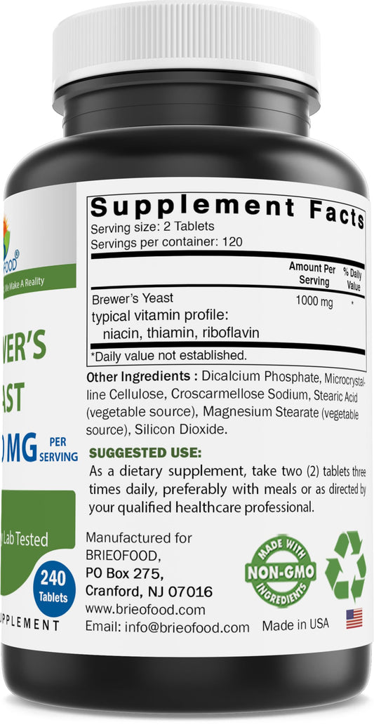 Close-up of Brieofood Brewers Yeast label indicating 1000 mg per serving