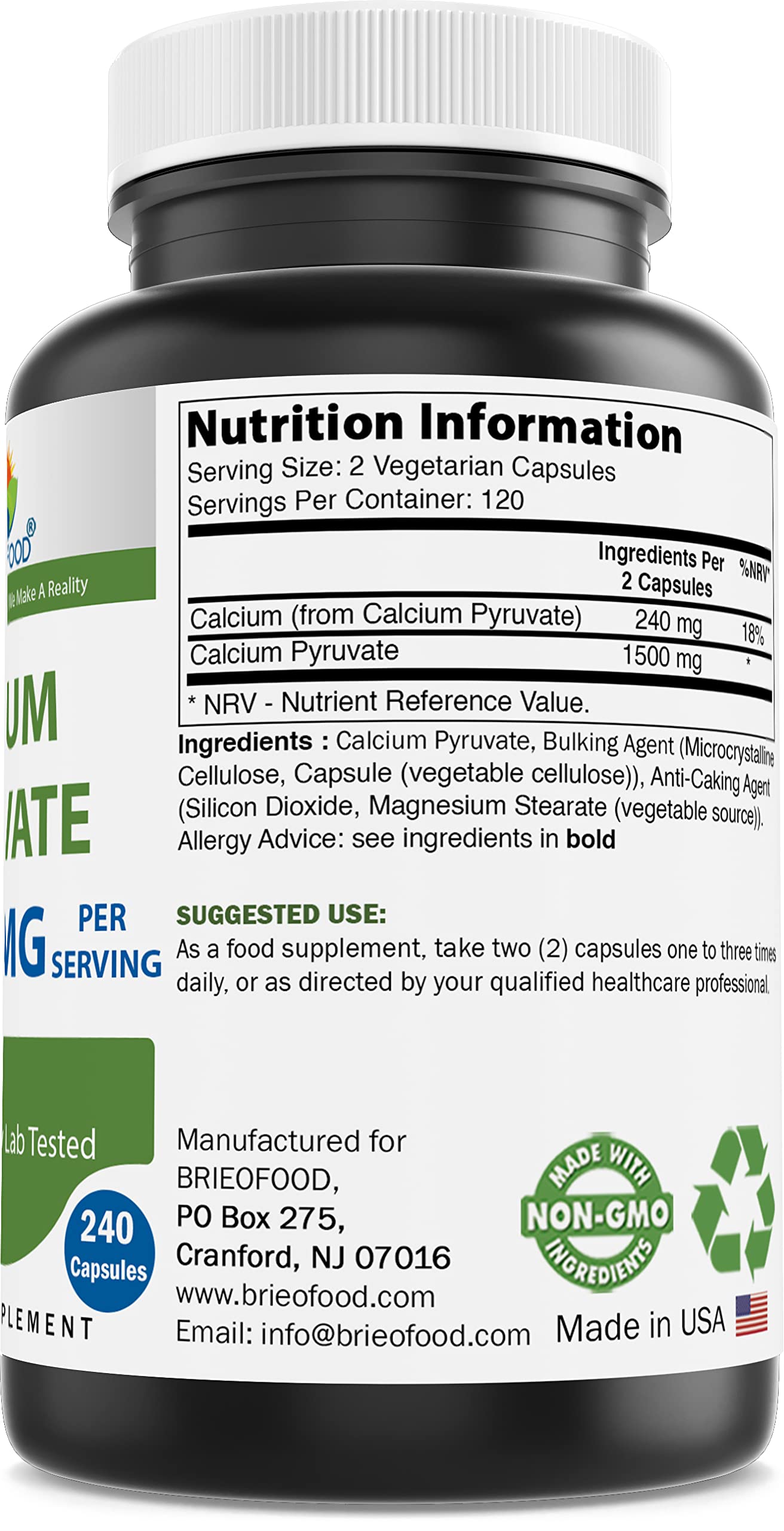 Back label showing serving size ingredients for Brieofood Calcium Pyruvate 1500mg per Serving