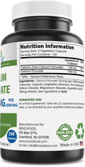 Brieofood Calcium Pyruvate bottle back label highlighting key features and allergen-free notes.
