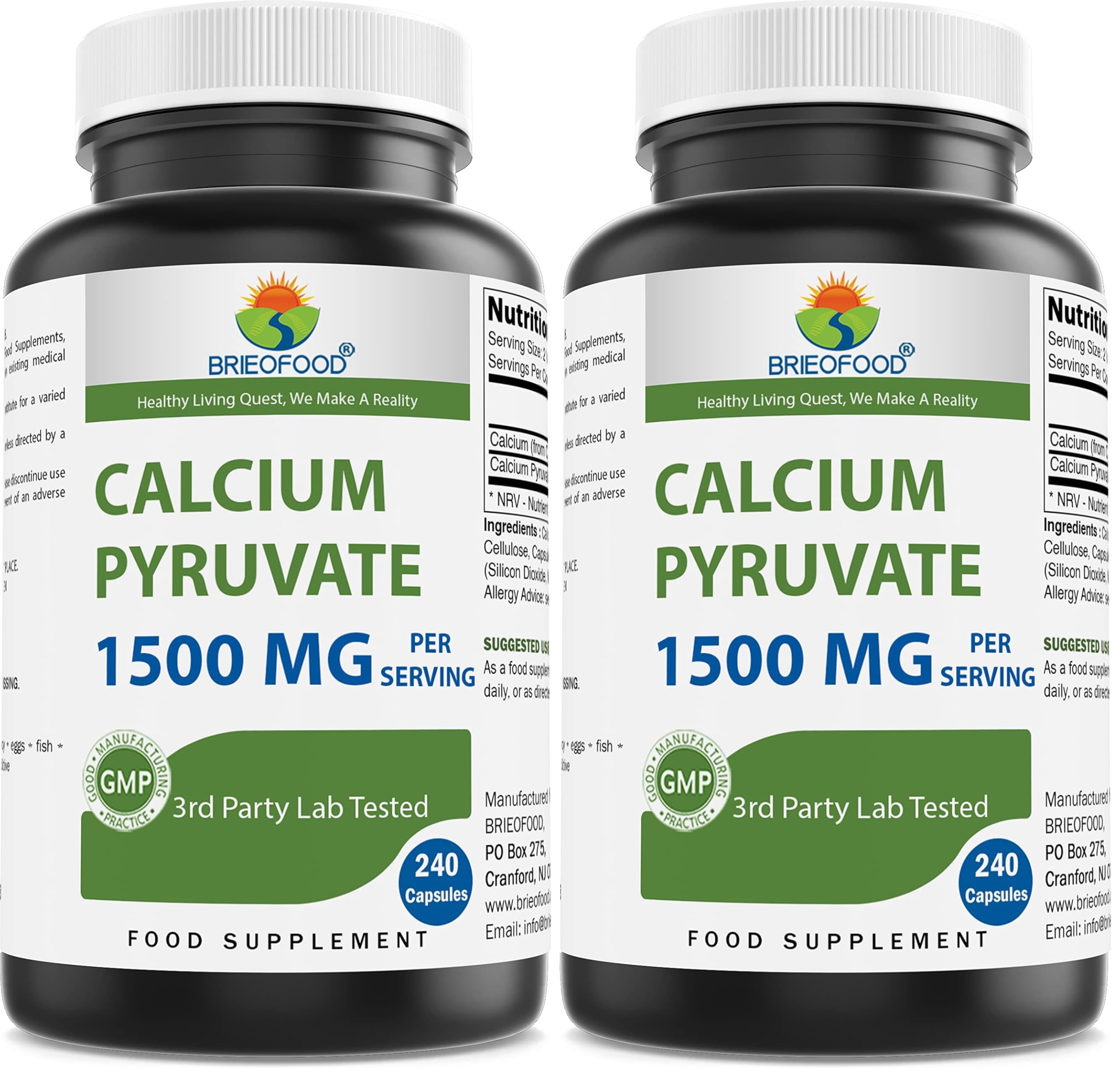 Brieofood Calcium Pyruvate bottle front view showing 1500 mg per serving for daily support.