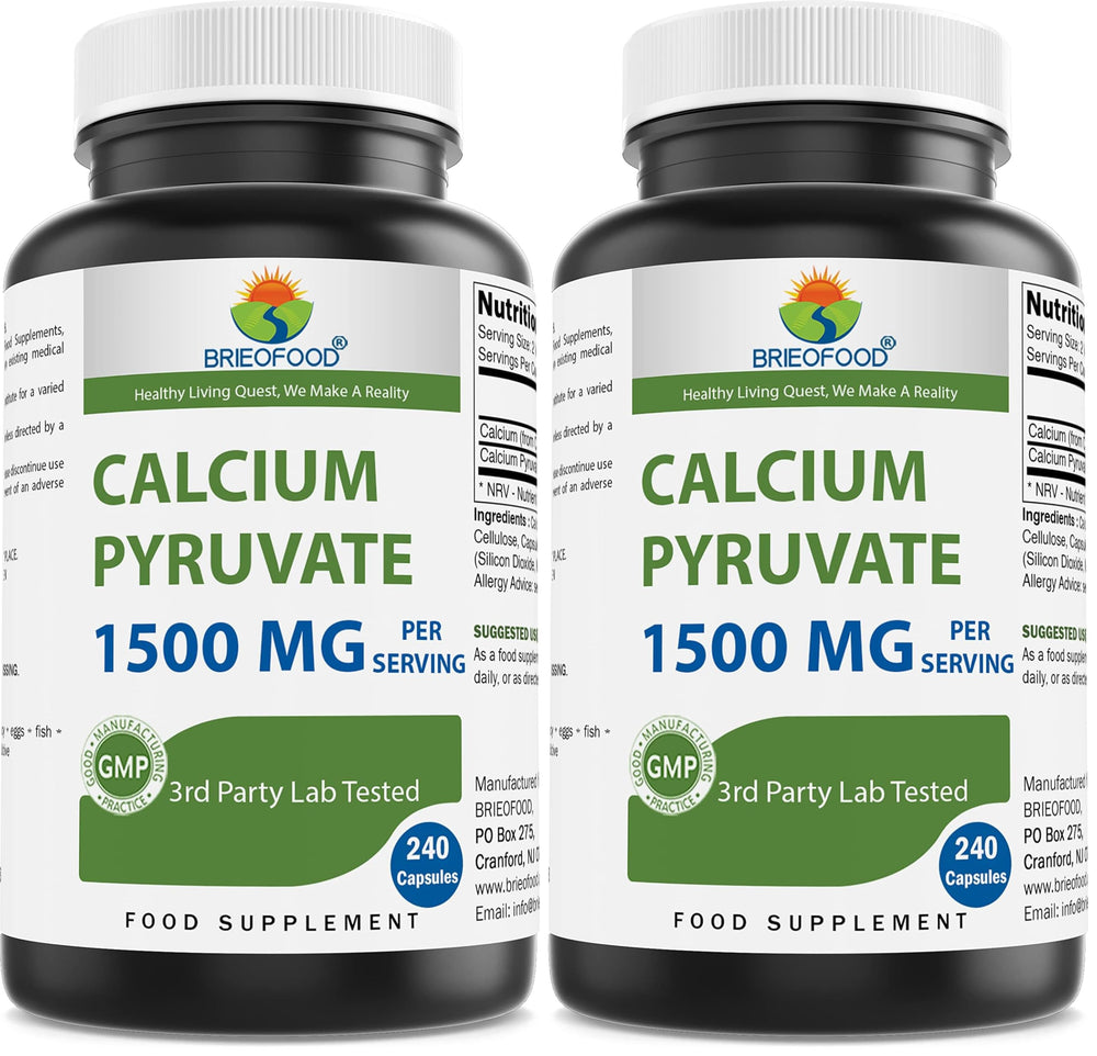 Front view of Brieofood Calcium Pyruvate 1500mg per Serving bottle (240 capsules) - pack of 2