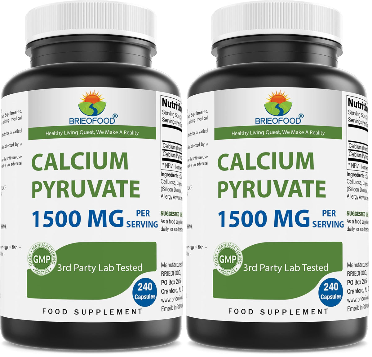 Front view of Brieofood Calcium Pyruvate 1500mg per Serving bottle (240 capsules) - pack of 2