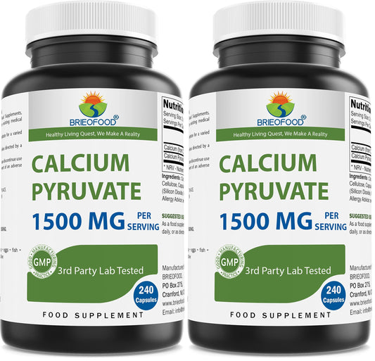 Front view of Brieofood Calcium Pyruvate 1500mg per Serving bottle (240 capsules) - pack of 2