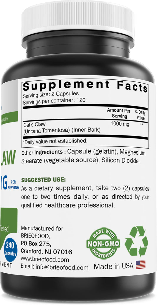 Close-up of Brieofood Cat's Claw bottle showing 1000 mg per serving