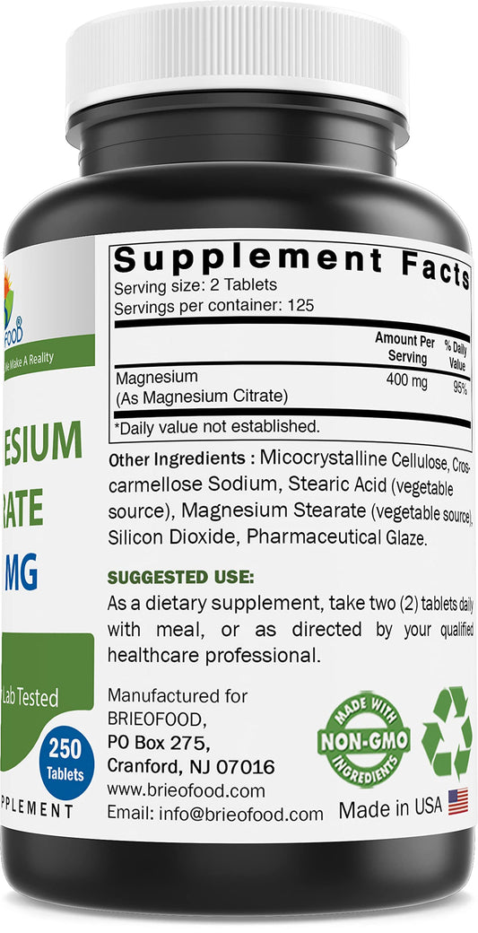 Close-up of Brieofood Magnesium Citrate supplement facts label