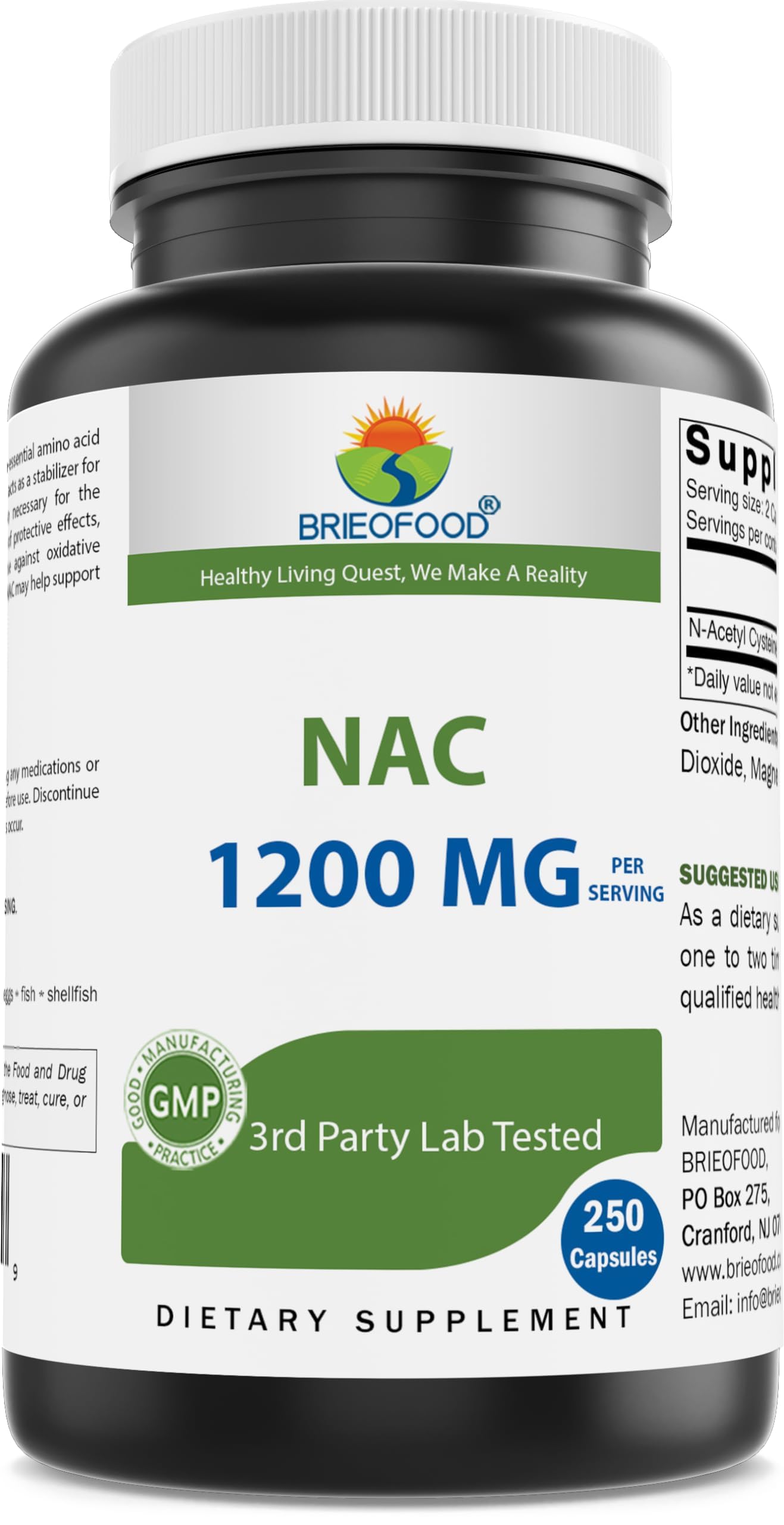 Brieofood NAC supplement bottle showing 1200 mg per serving