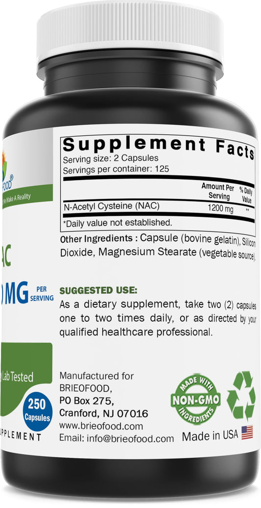 Close-up of Brieofood NAC label with 1200 mg per serving