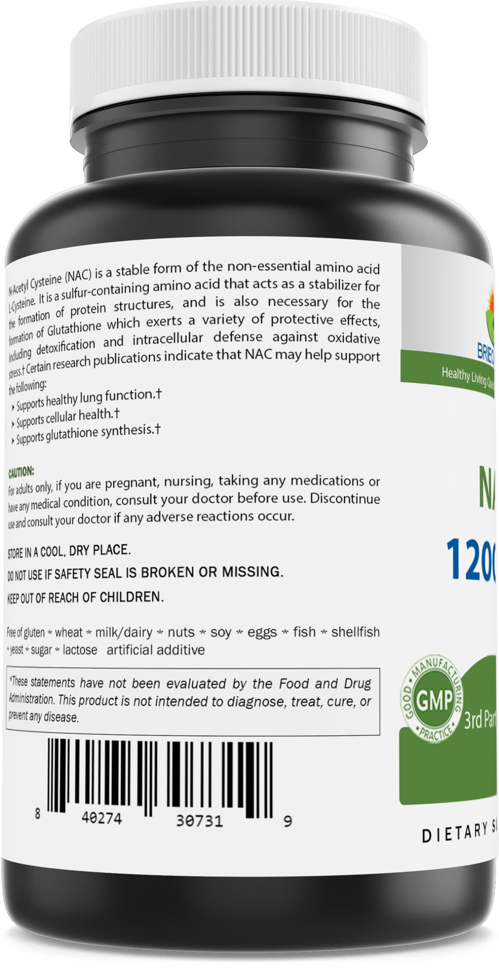 Brieofood NAC packaging and bottle details highlighting ingredients and serving size