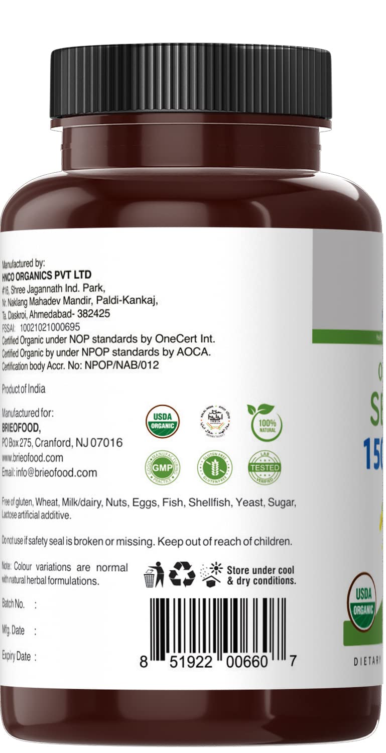 Brieofood Organic Senna bottle with gluten-free icon signals allergen-friendly choice
