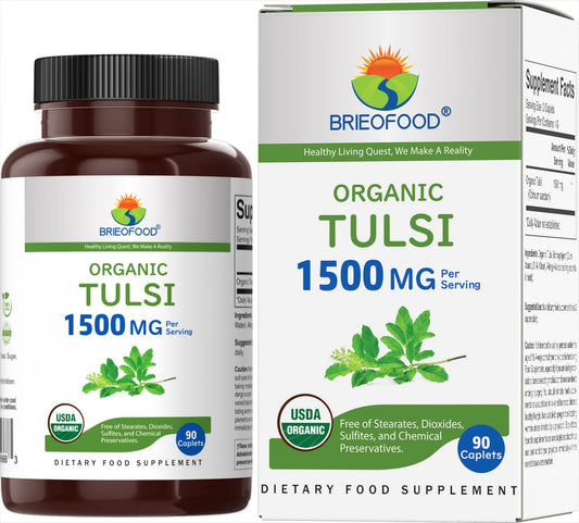 Brieofood Organic Tulsi bottle label with 90 vegetarian tablets