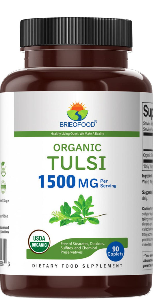 Nutrition facts and 1,500mg Tulsi per serving highlighted on packaging