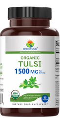 Nutrition facts and 1,500mg Tulsi per serving highlighted on packaging