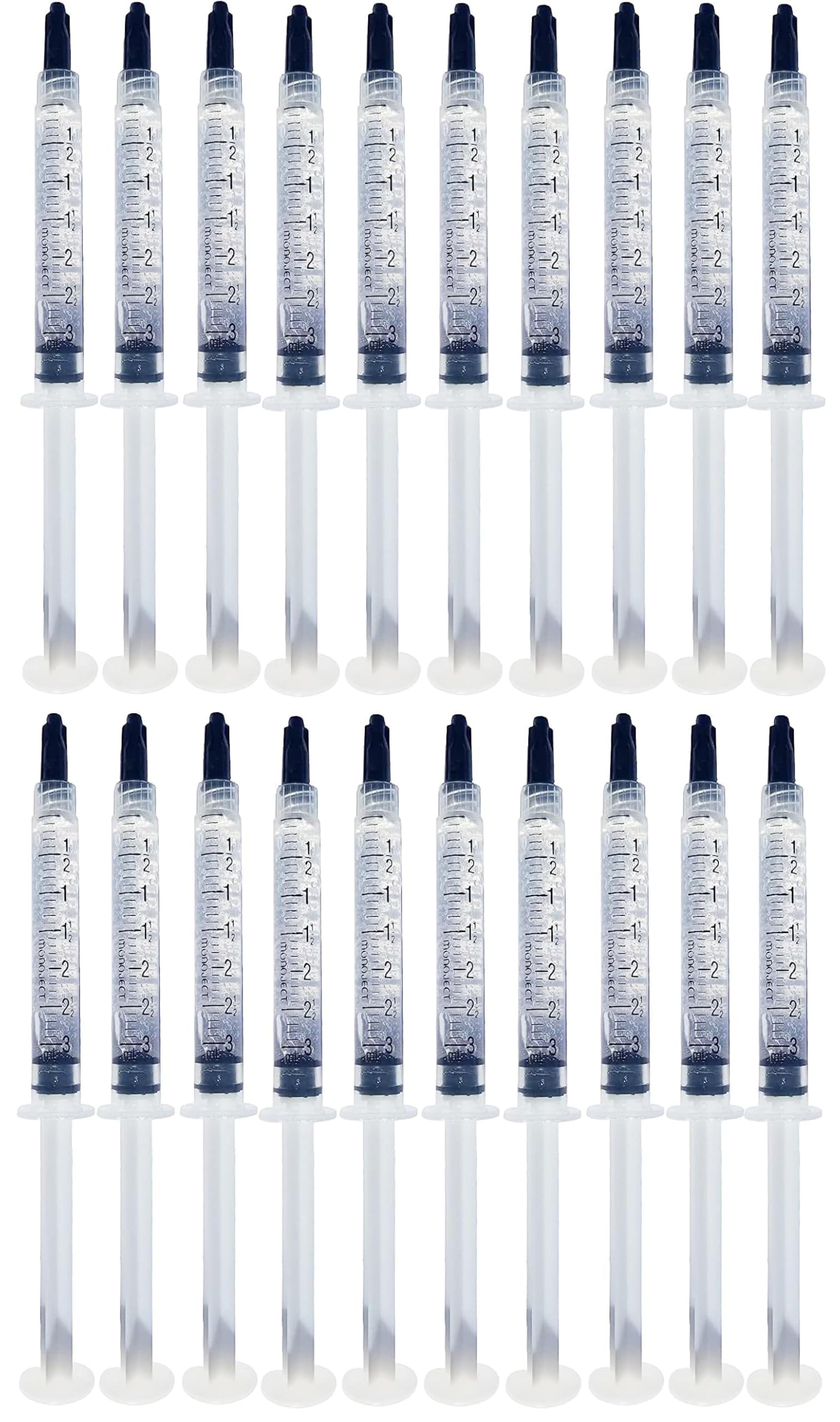 Product packaging featuring Bright White Smiles 44% whitening gel with 20 syringes (3ml)