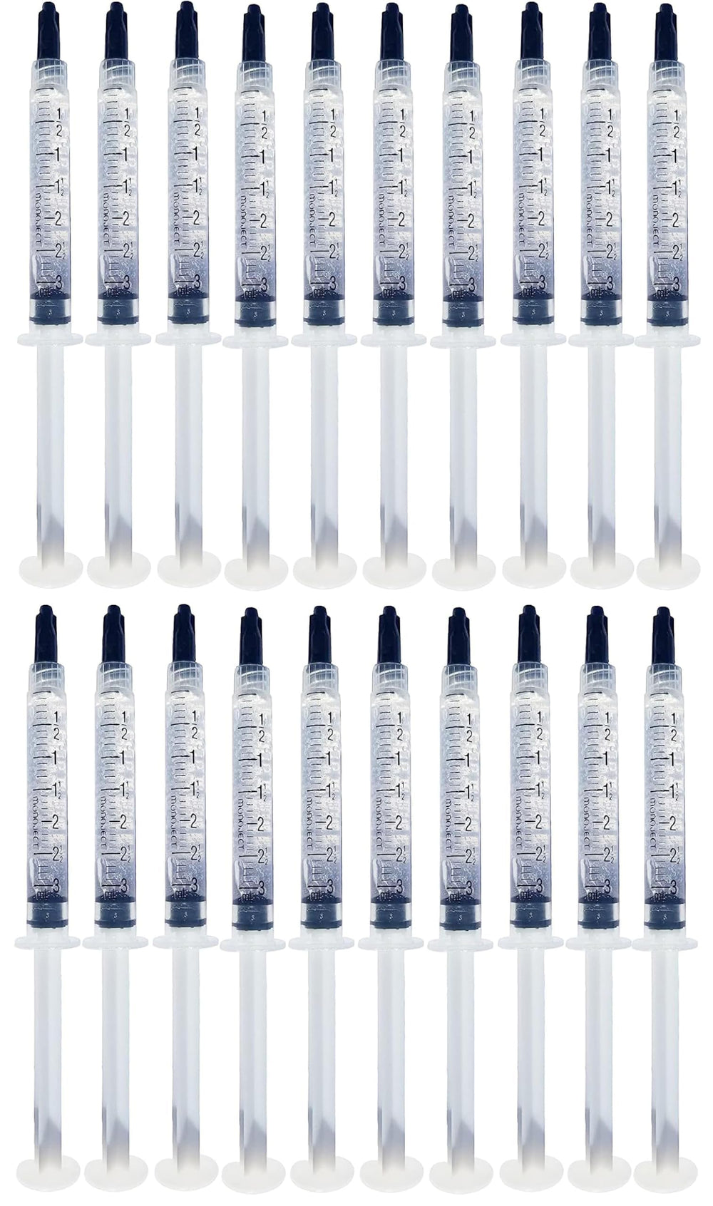 Product packaging featuring Bright White Smiles 44% whitening gel with 20 syringes (3ml)