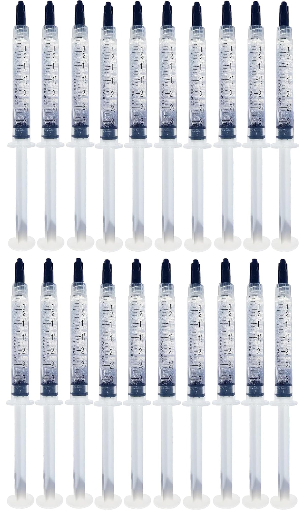 Product packaging featuring Bright White Smiles 44% whitening gel with 20 syringes (3ml)