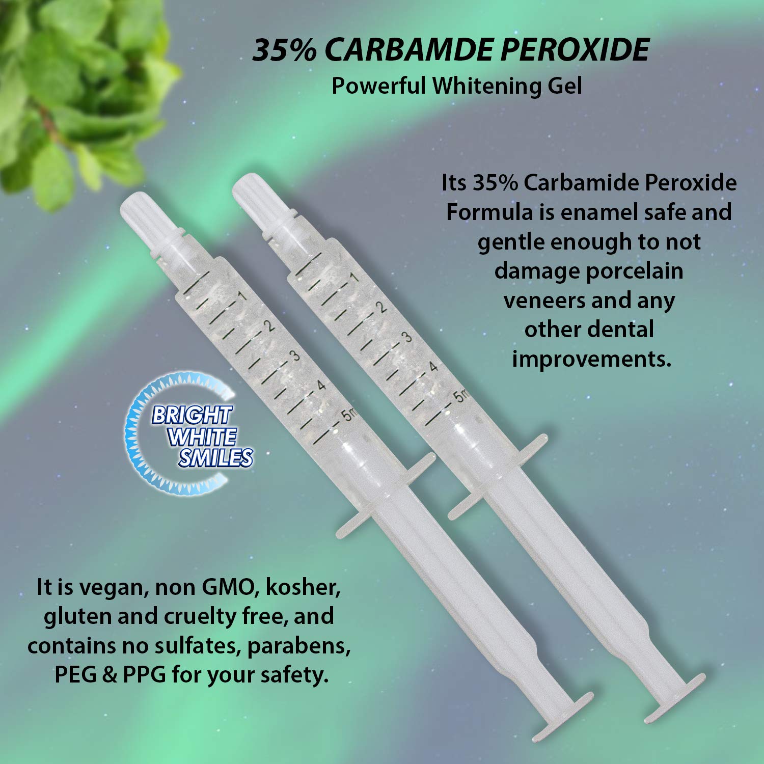 Close-up of 5 x 5cc/ml carbamide peroxide gel syringes from kit