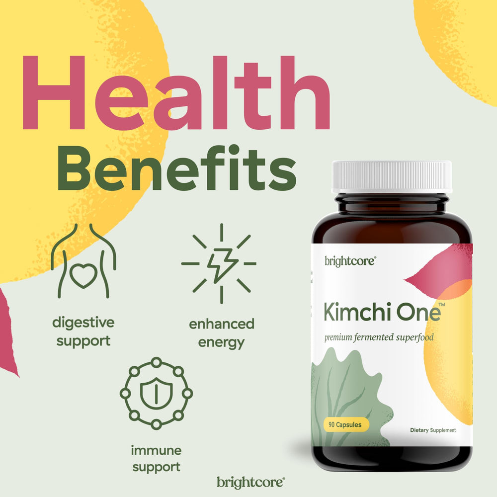 Brightcore Kimchi One capsules close-up highlighting vegan enzyme-rich nutrition