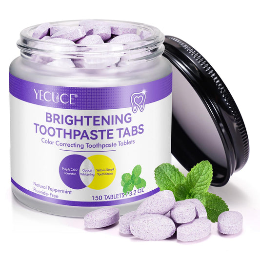Purple toothpaste tablet ready to use against yellow stains