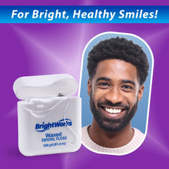 Back packaging showing product details for BrightWorks dental floss