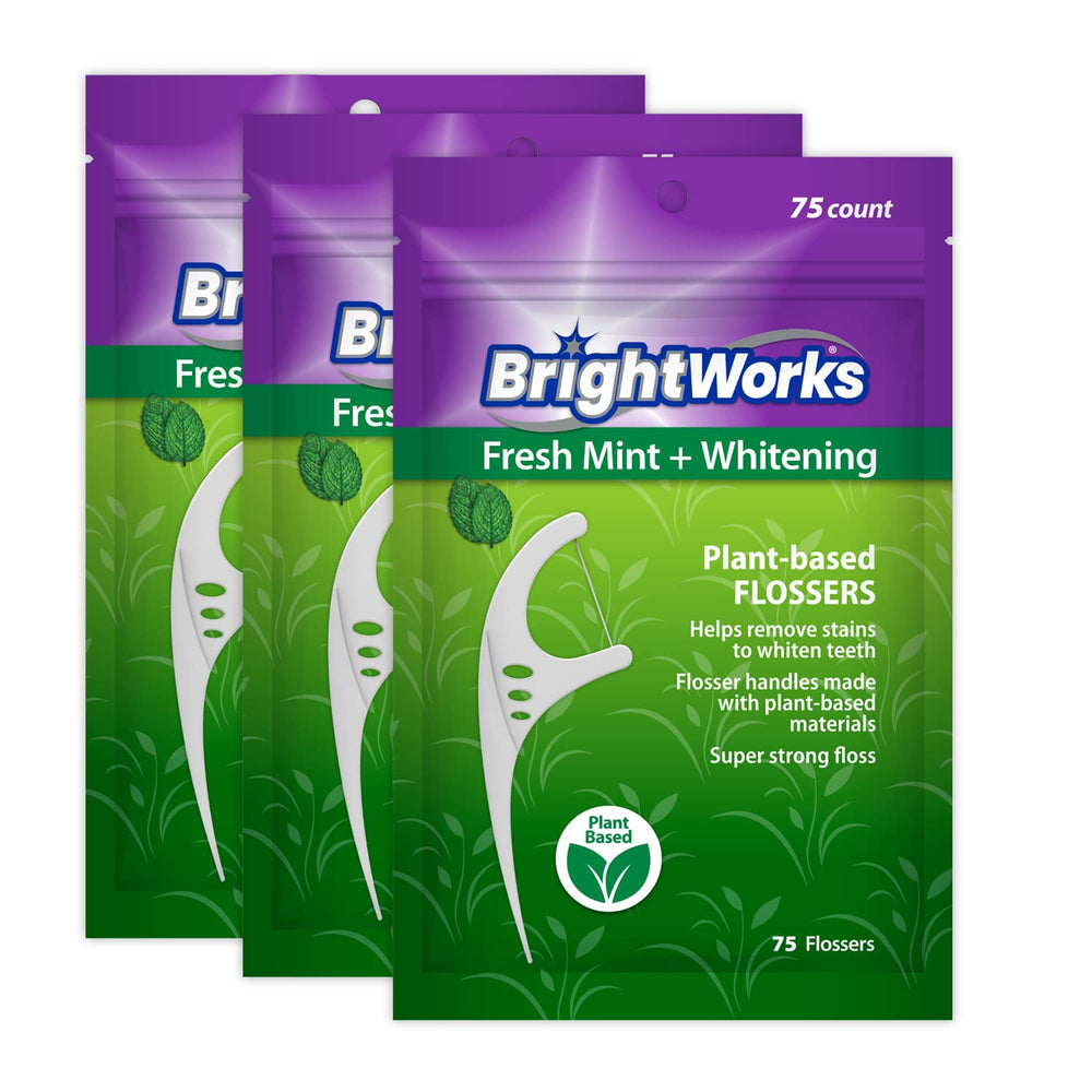 BrightWorks mint whitening dental flossers with plant-based handles, 225 pieces in a 3-pack.