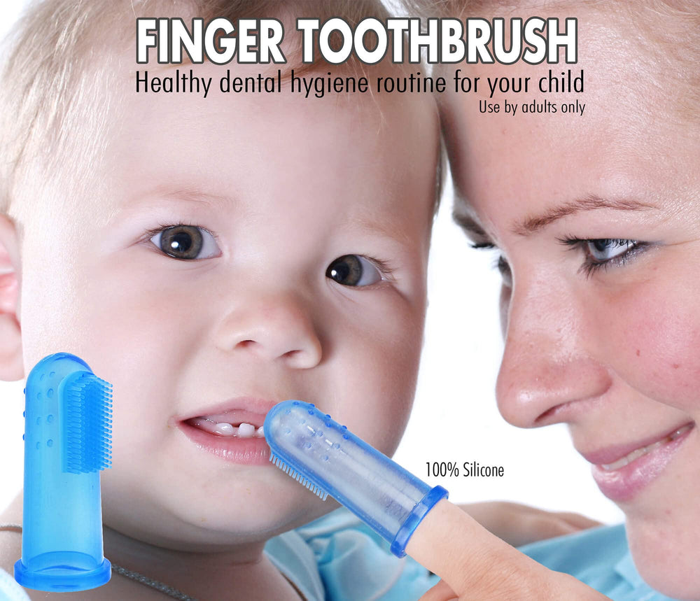 Finger toothbrush worn on an adult finger for scale