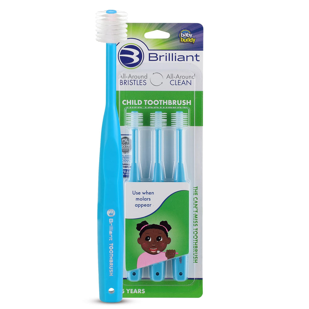 Front view of Brilliant Oral Care Child Toothbrush Sky Blue 3 Pack