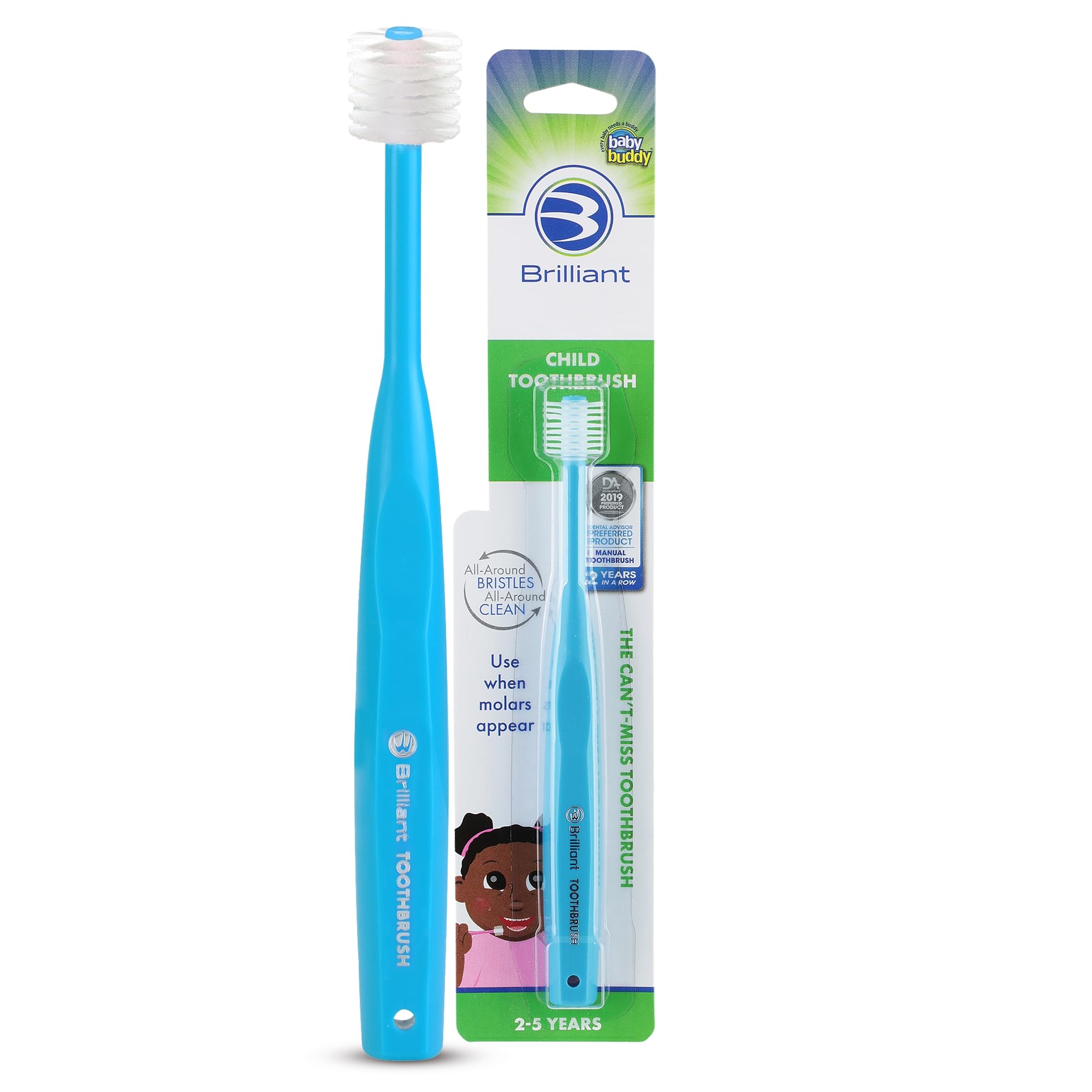 Brilliant Oral Care child toothbrush in sky blue with a 360-degree round head