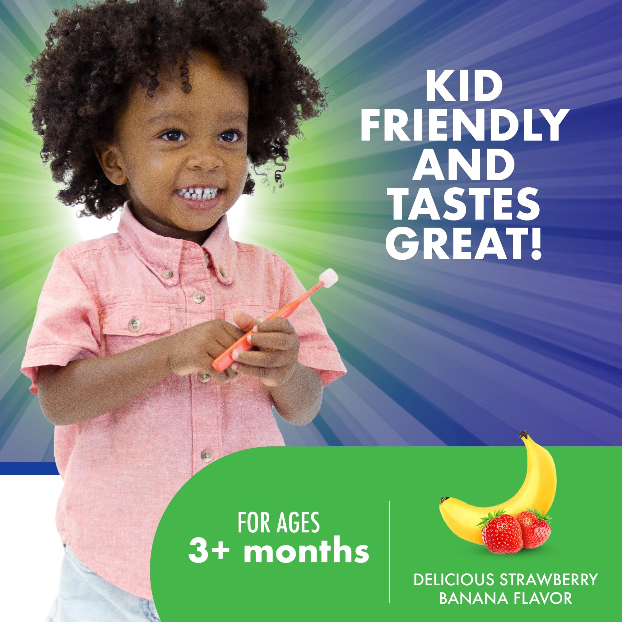 Strawberry banana flavored toothpaste gel for toddlers ages 3 months and up