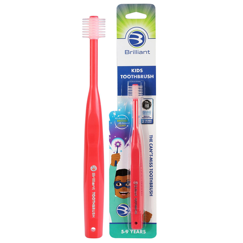 Brilliant Oral Care Kids Toothbrush front view with red handle and round head