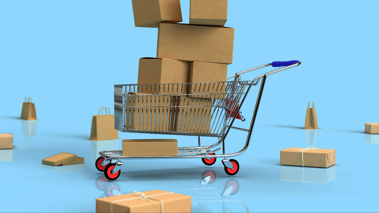 Cart filled with cardboard boxes on a blue background