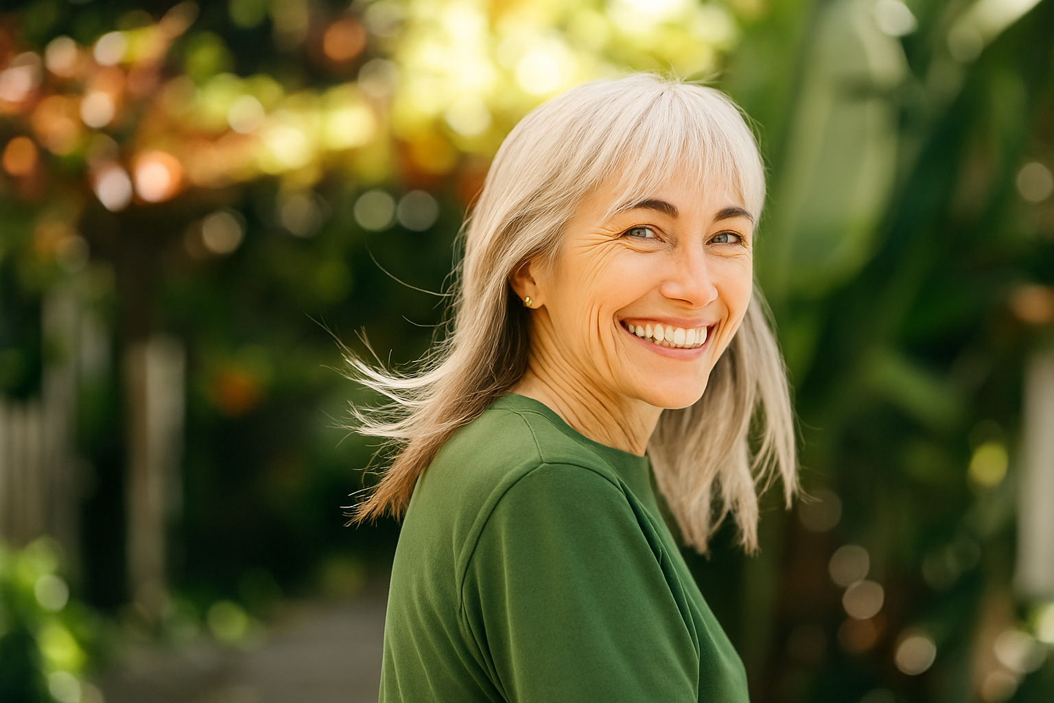 Woman with gray hair smiling outdoors with a blurred natural background