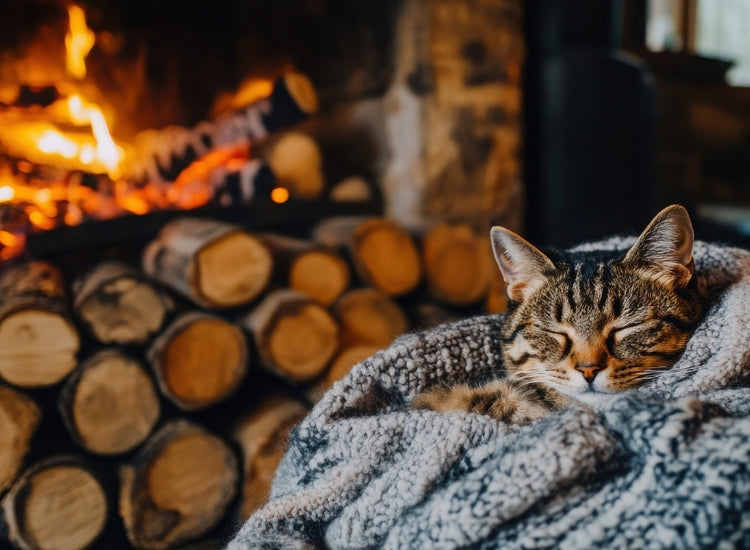 Cat sleeping on a blanket in front of a fireplace with logs.