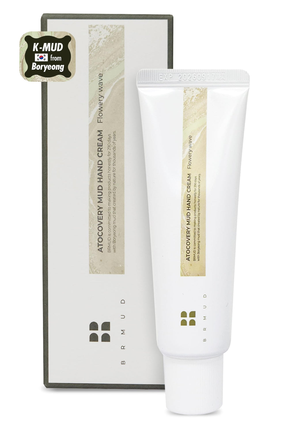 BRMUD Atocovery Mud Hand Cream Flowery Wave bottle with floral musk scent for daily moisture.