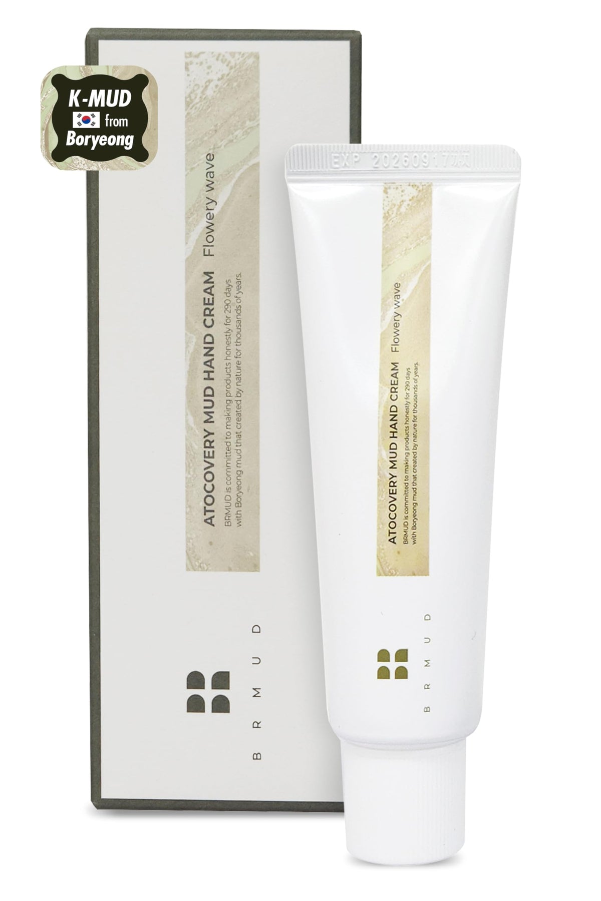 BRMUD Atocovery Mud Hand Cream Flowery Wave bottle with floral musk scent for daily moisture.