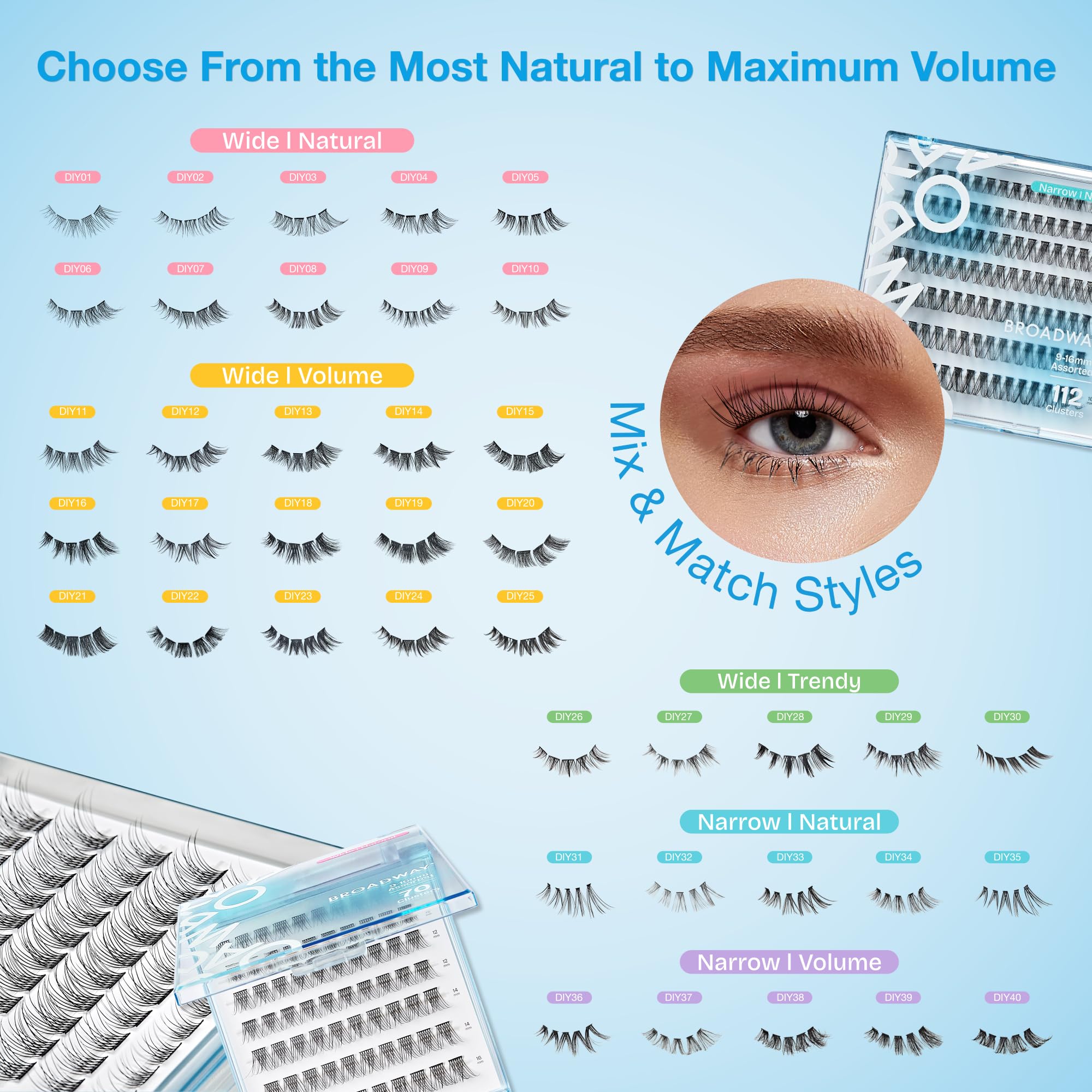 Broadway Eyes 9-16mm-length-options give flexible customization