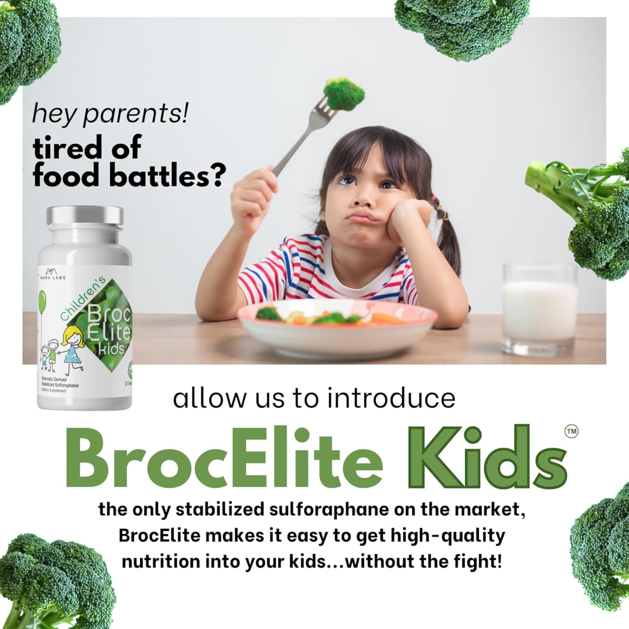 BrocElite Mara Labs Kids label details; clearly displays natural stabilized sulforaphane ingredients.