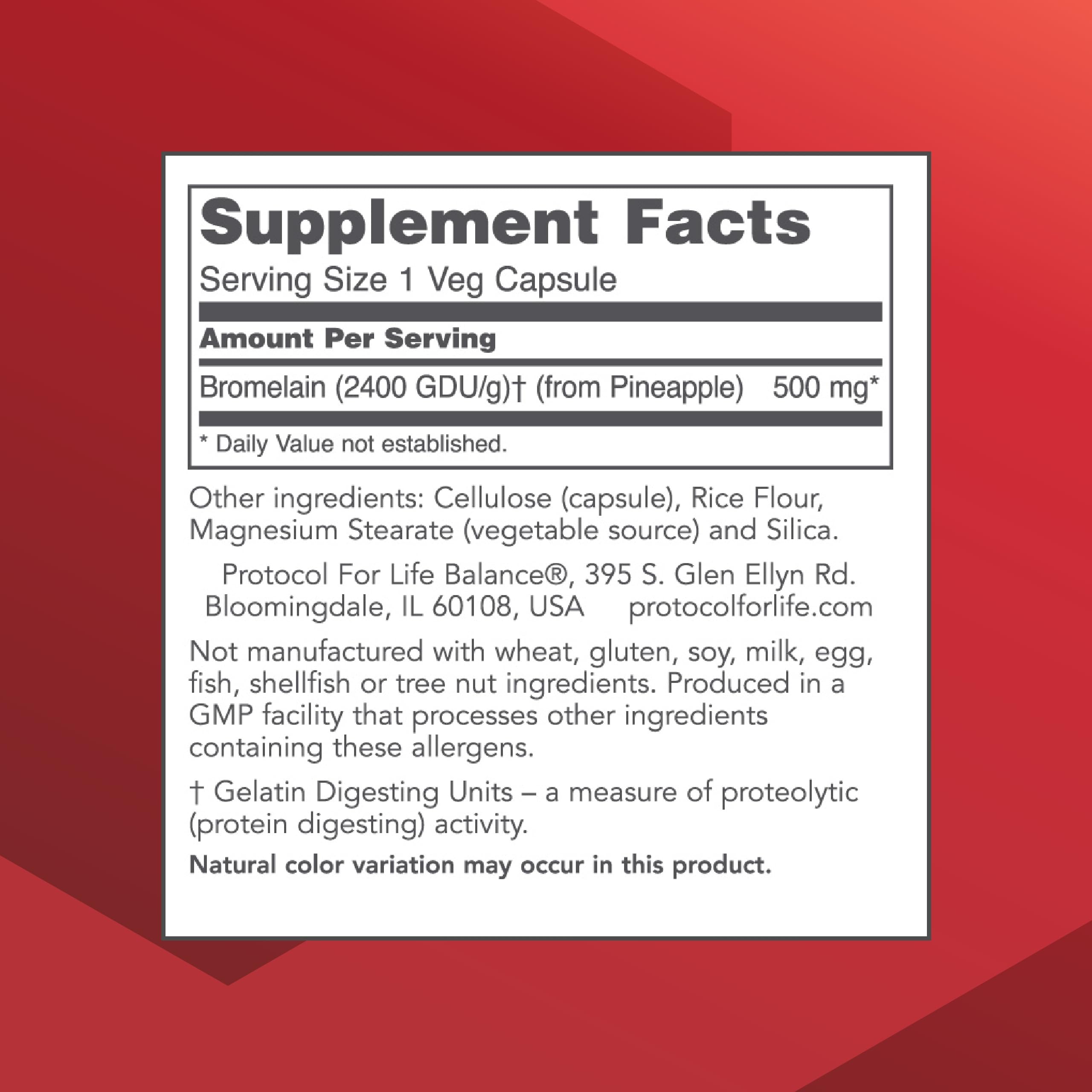 Bromelain 500mg capsules label close-up