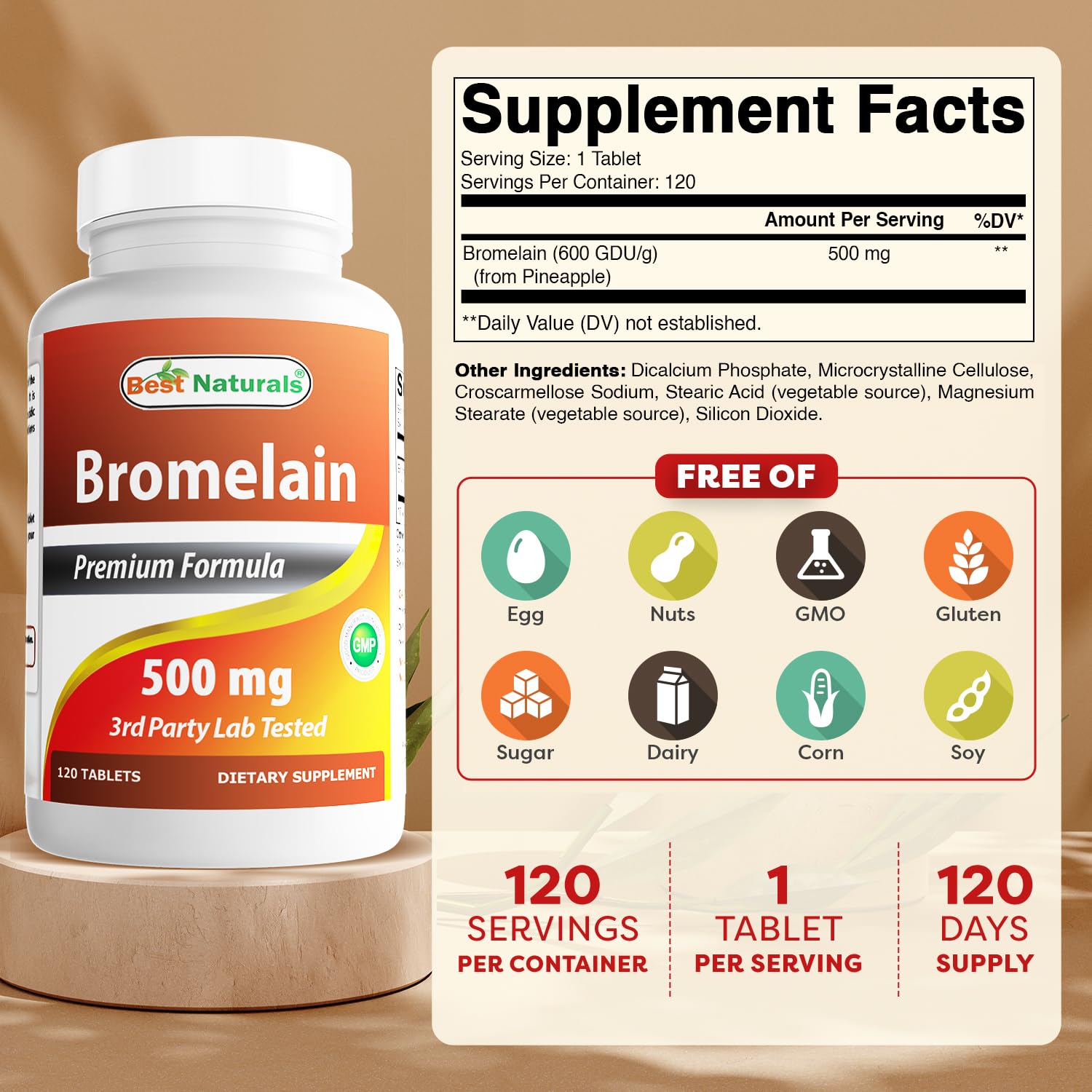 Bromelain 500mg tablets close-up in bottle
