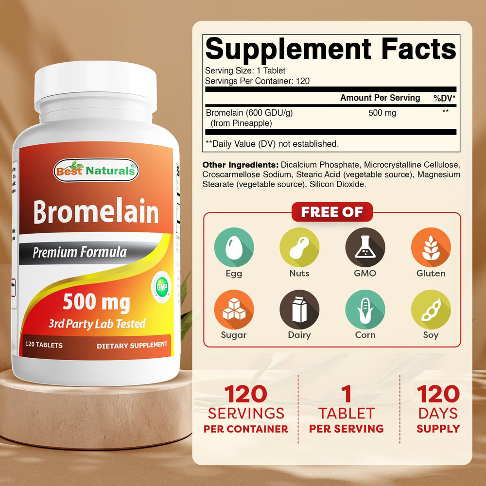Bromelain 500mg tablets close-up in bottle