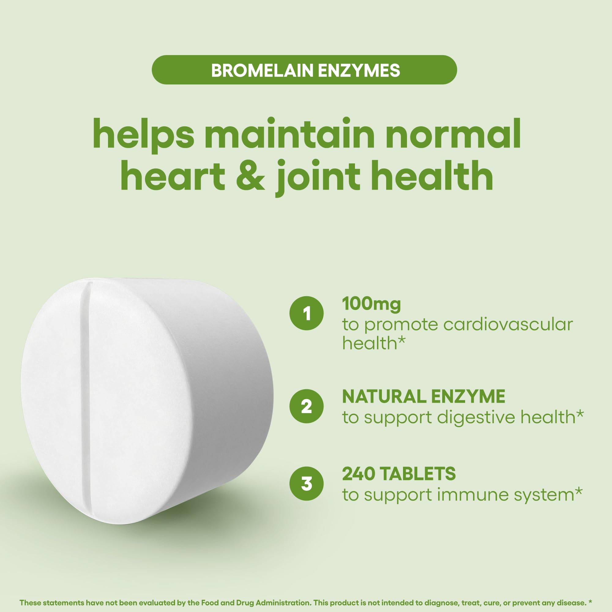 Close-up of Bromelain tablets beside packaging
