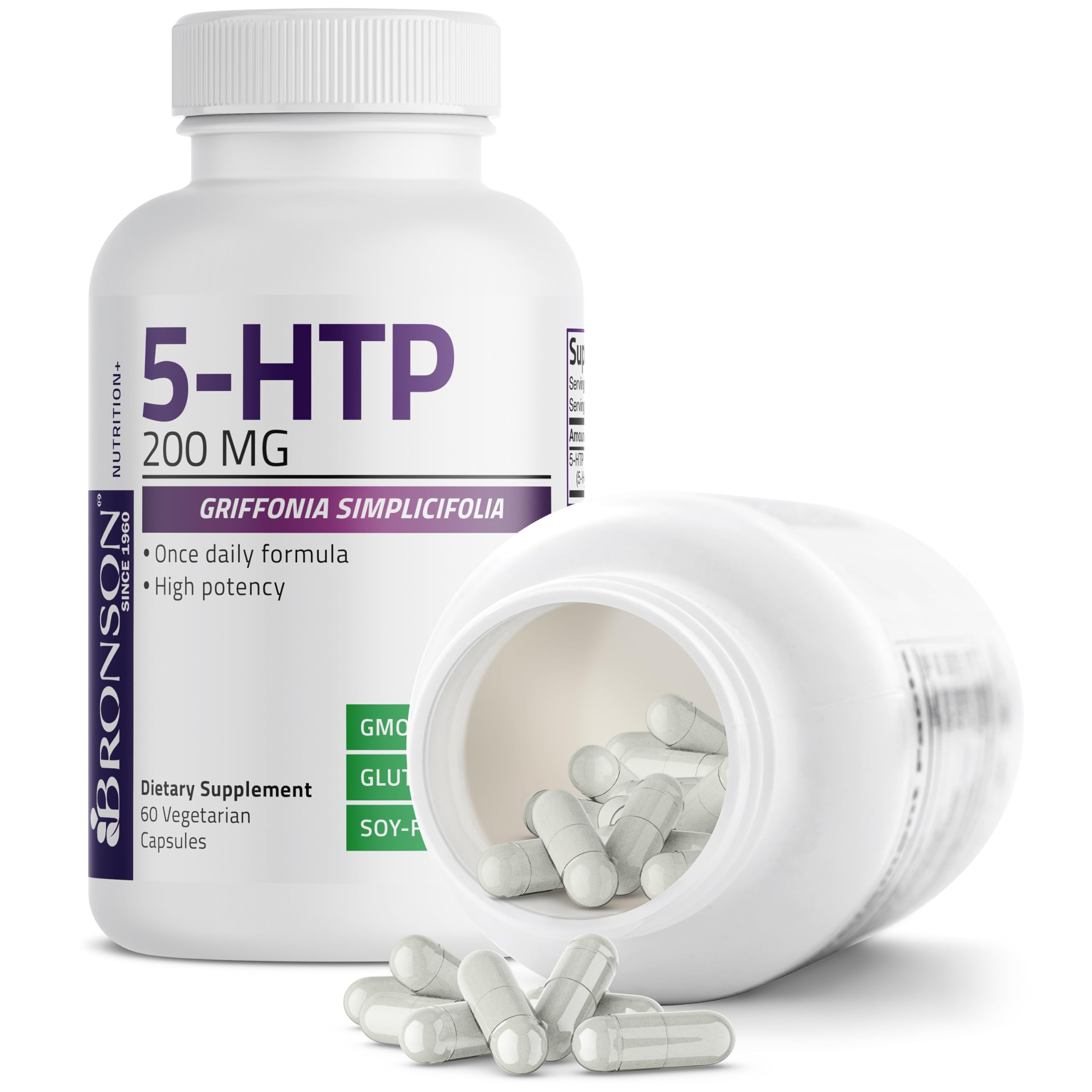 Close-up of Bronson 5-HTP bottle and capsules