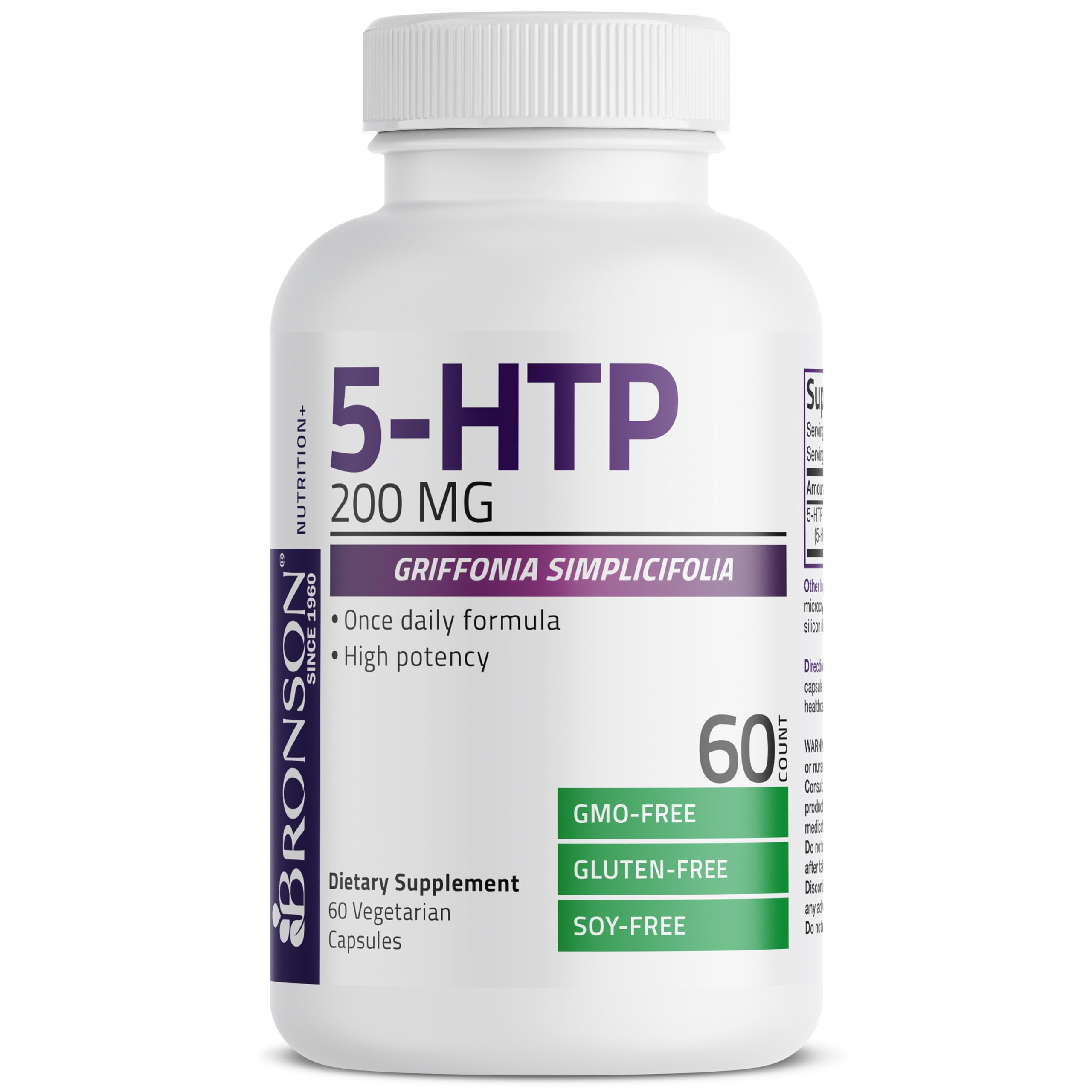Laboratory testing label for Bronson 5-HTP 200 mg