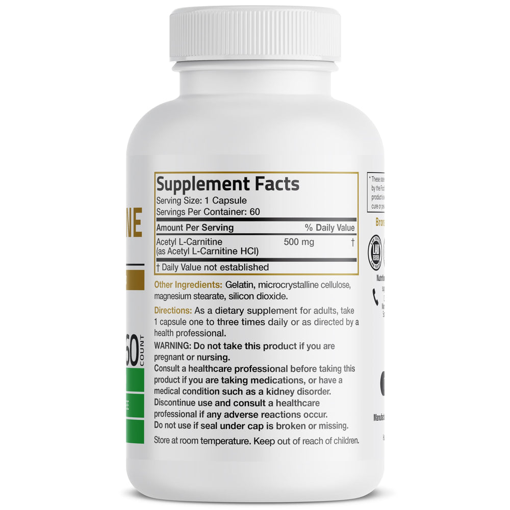 Close-up view of Bronson Acetyl L-Carnitine 500 mg capsules