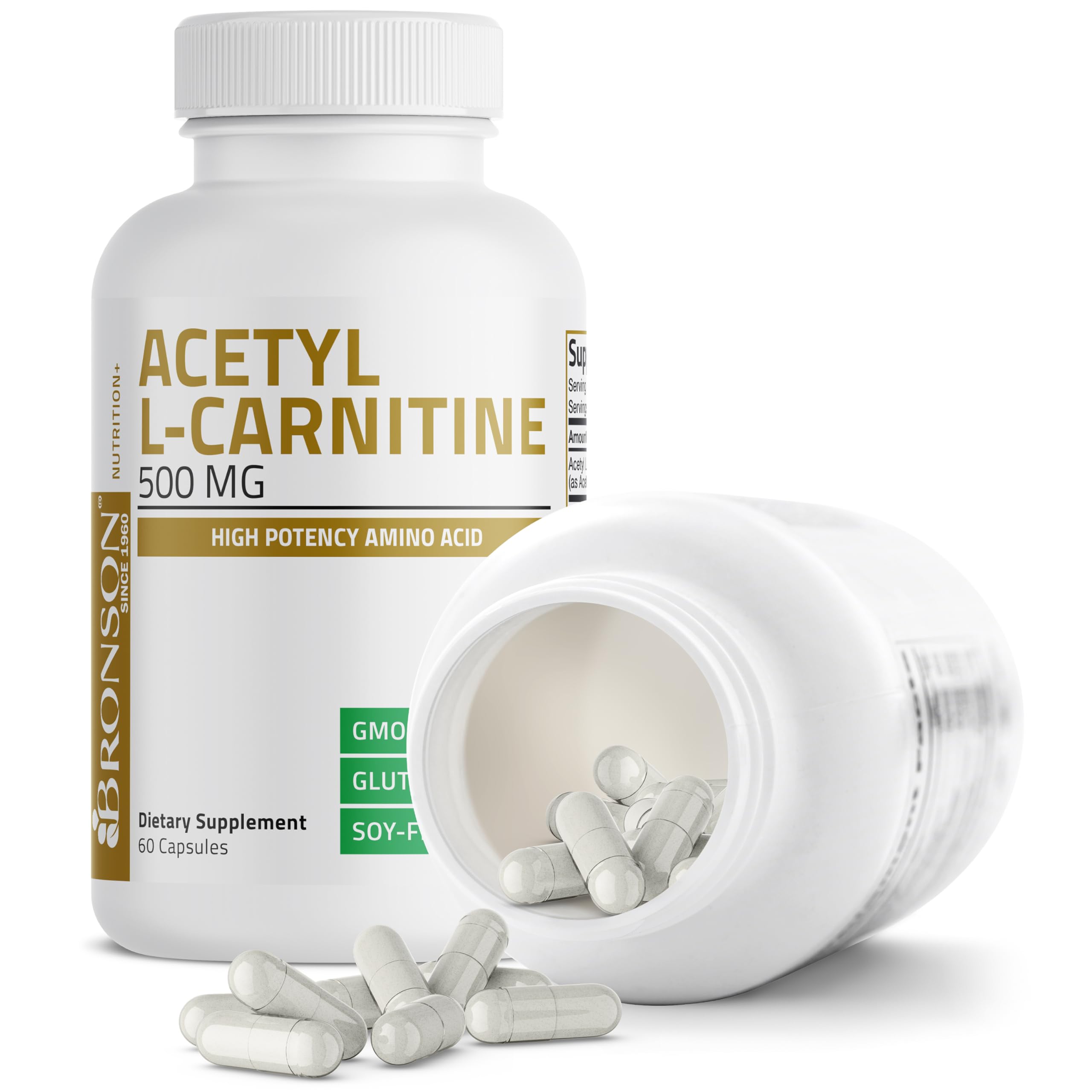 Non-GMO, gluten-free and soy-free labeling for Bronson Acetyl L-Carnitine 500 mg